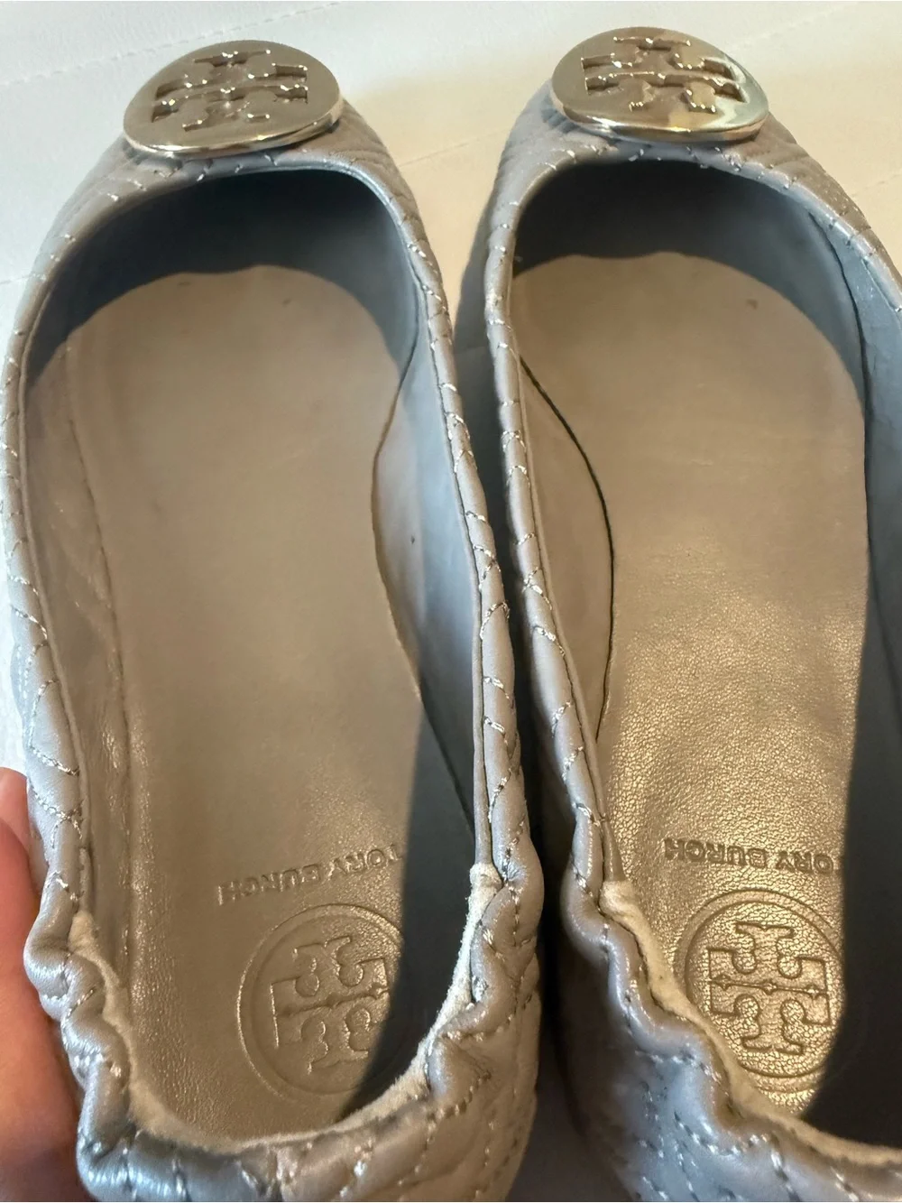 Tory Burch Quilted Taupe Leather Ballet Flats with Gold Logo Medallion